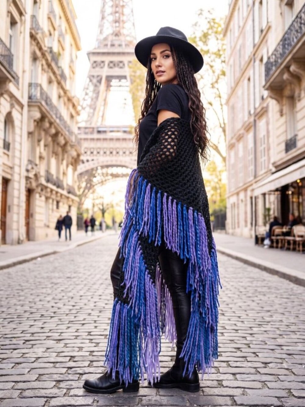 Boho Black with Royal Blue - Purple - Black Super Fringe Shawl